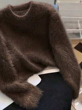 Mocha Brown Casual Women's Fuzzy Round Neck Loose Sweater